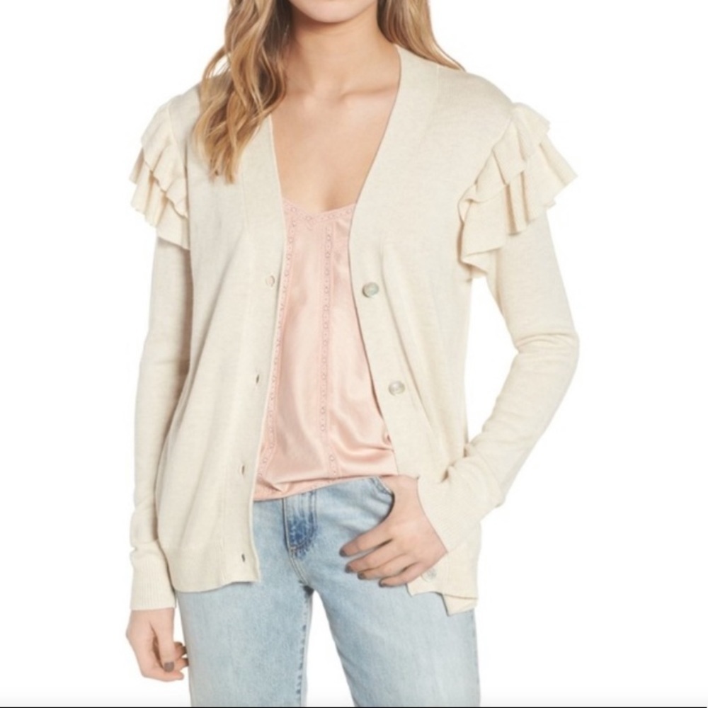 Hinge Cream Ruffle Cardigan Sweater